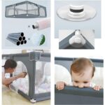 Koliažas su maniežo konstrukcijos detalėmis: stiprus siurbtukas, kuris tvirtai laiko maniežą prie grindų. Mama bando įeiti į maniežą pro atidaromas dureles pas vaiką. Vaikas kandžioja maniežo kraštą, rodydamas, kad medžiaga yra saugi vaikų sveikatai.
