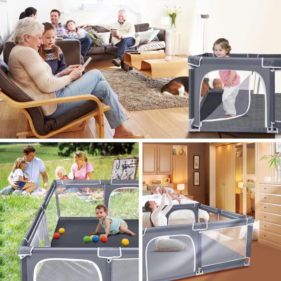 Koliažas, kuriame šeima sėdi kambaryje: vieni skaito knygą, kiti žiūri televizorių, o vaikas žaidžia manieže. Taip pat šeima gamtoje: tėvai žaidžia su vyresniais vaikais, kol mažylis yra manieže. Mama žaidžia su kūdikiu kambaryje šalia maniežo.