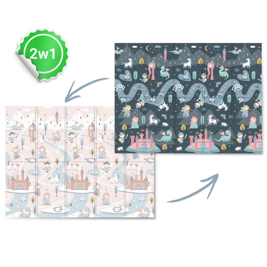 Dvipusis žaidimų kilimėlis vaikams – dekoruotas princesėmis ir pilimis