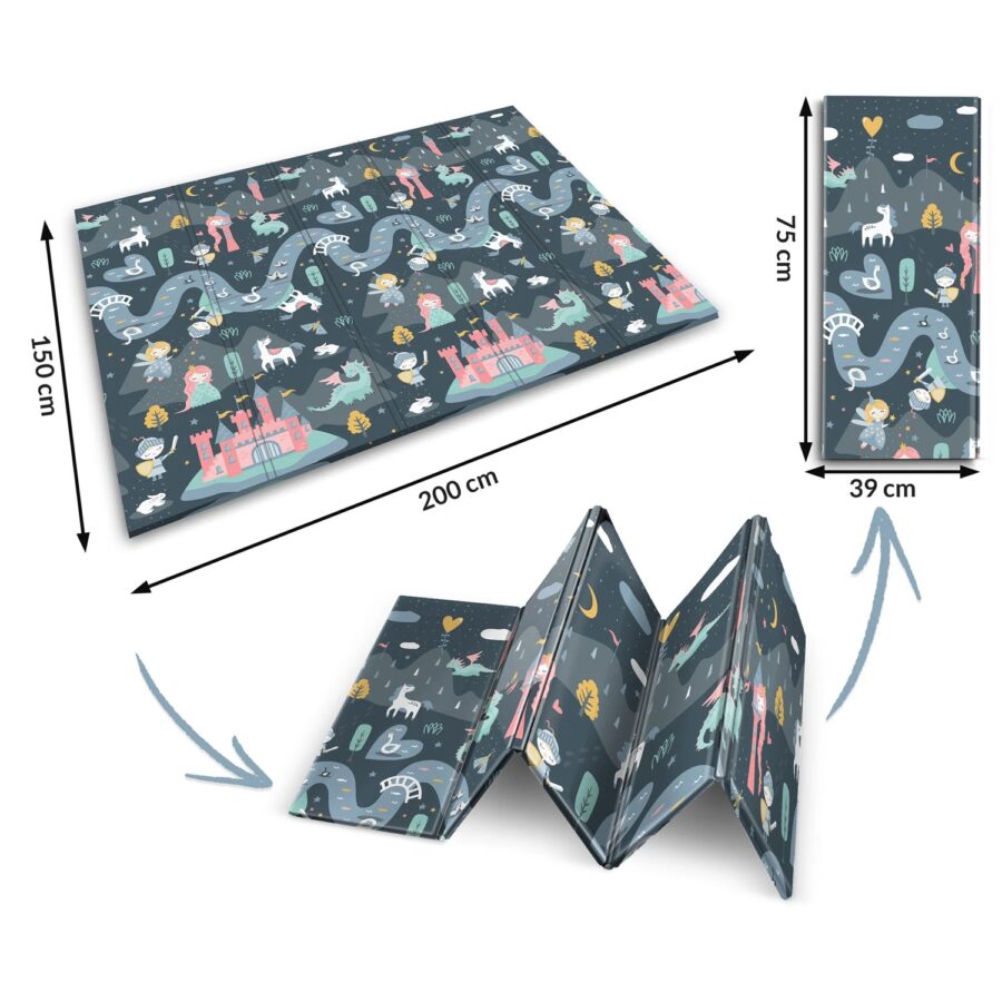 Sulankstomas kilimėlis vaikams – tamsi pusė su vienaragiais, žvaigždėmis ir pilimis