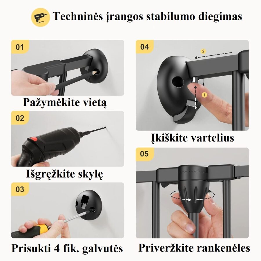 Apsauginių vartelių tvirtinimo būdas – sieninis montavimas su varžtais
