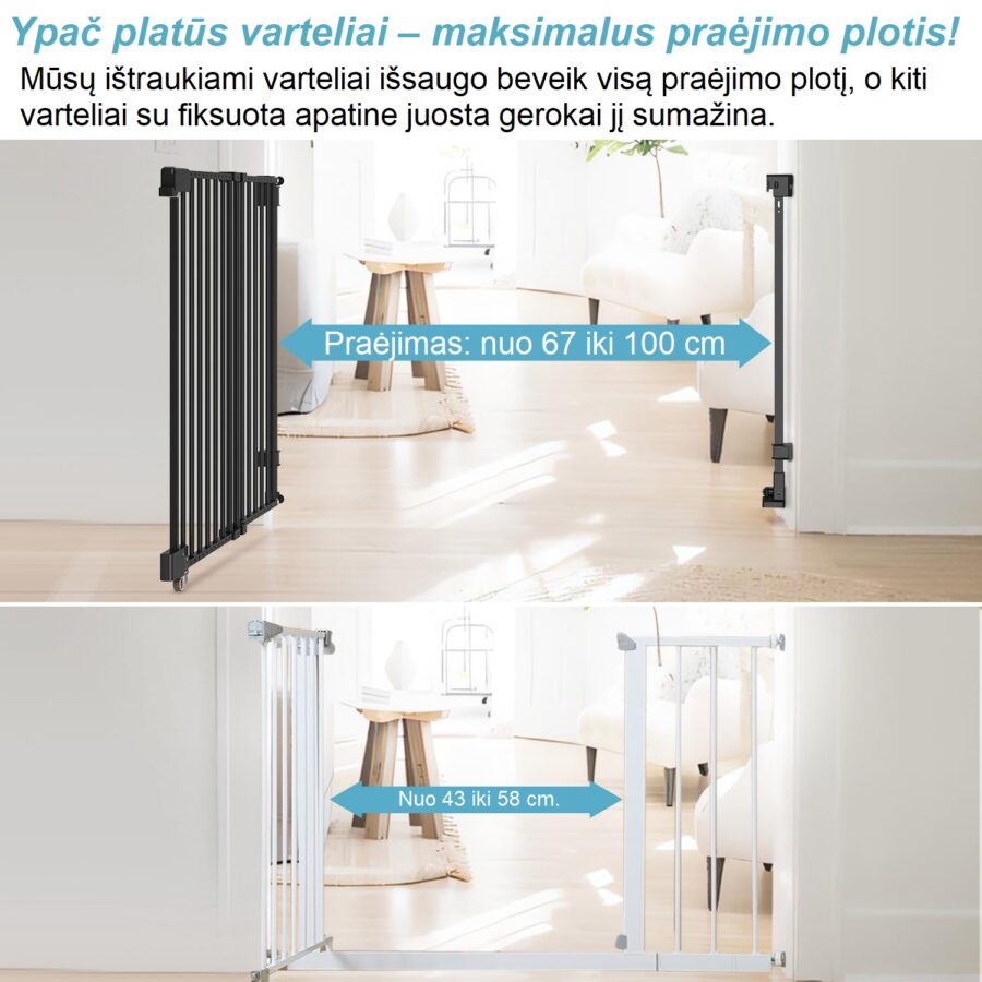 Reguliuojami balti varteliai 74–110 cm vaikų saugumui, privalumu palyginimas