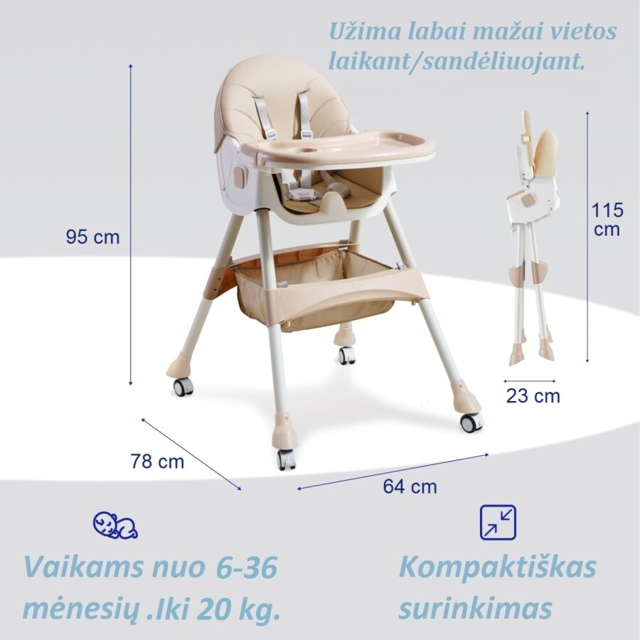 Pilnai stovinti Maitinimo kėdutė daugiafunkcė 3-in-1 su išmatavimais