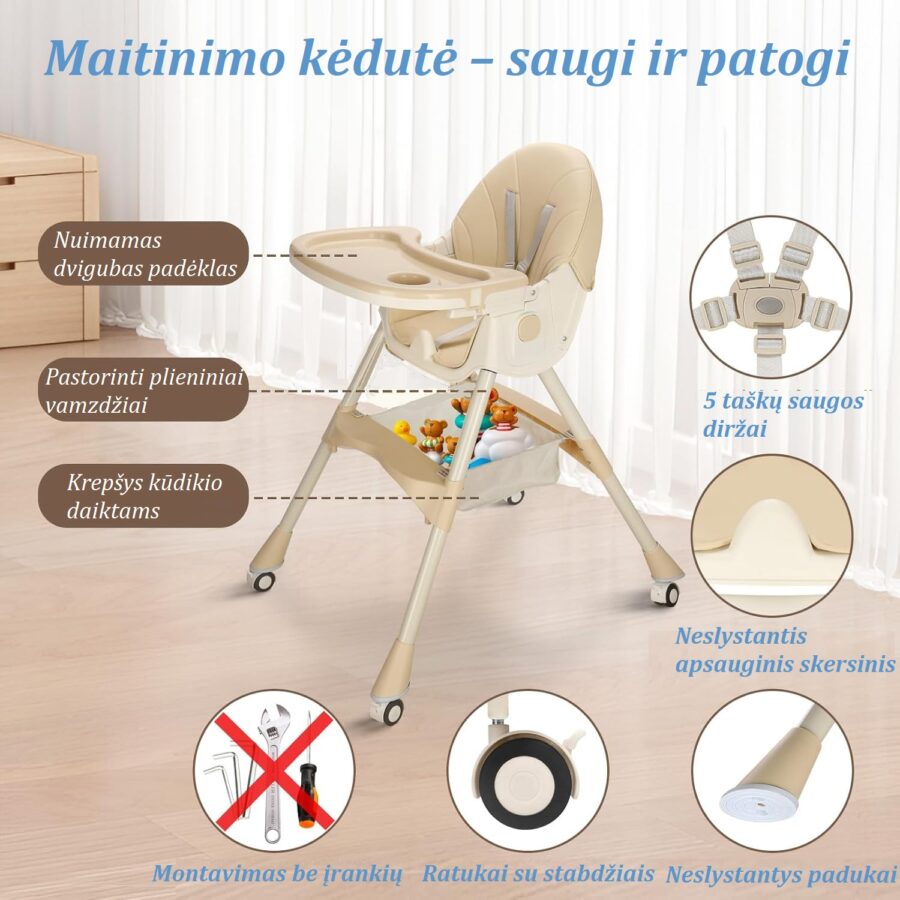 Maitinimo kėdutė daugiafunkcė 3-in-1 svetainėje su pažymėtais privalumais