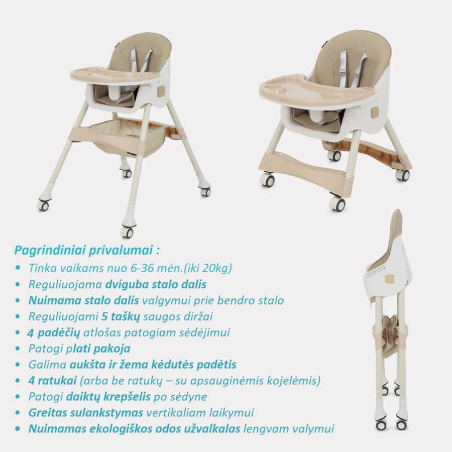 Surinkta, sutrumpinta ir sulankstyta Maitinimo kėdutė daugiafunkcė 3-in-1 su privalumais