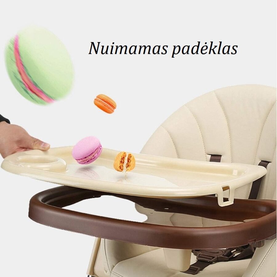 Dvigubas Maitinimo kėdutės Premium padėklas – parodyta, kaip lengvai nuimti viršutinį stalą/padėklą valymui ar naudojimui prie stalo.