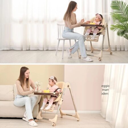 Mama maitina vaiką Maitinimo kėdutėje Premium – parodyta, kaip kėdutė prisitaiko prie valgomojo stalo ar sofos aukščio.