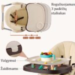 Maitinimo kėdutė Premium iš viršaus – matosi stalo paviršius ir parodyta, kaip lengvai nuimti viršutinį padėklą.