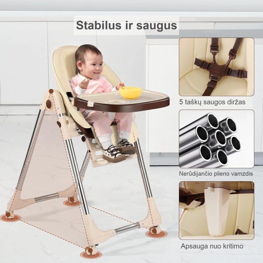 Maitinimo kėdutė su 5 taškų saugos diržais, stabiliu rėmu, patogiu dizainu ir sulankstoma konstrukcija – saugi, patogi ir vietą taupanti kėdutė vaikams.