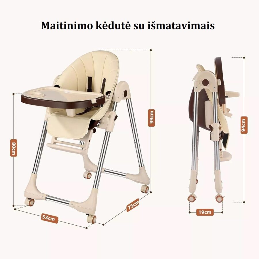 Maitinimo kėdutė su nurodytais išmatavimais – aukštis, plotis ir gylis patogiam pasirinkimui prieš įsigyjant.