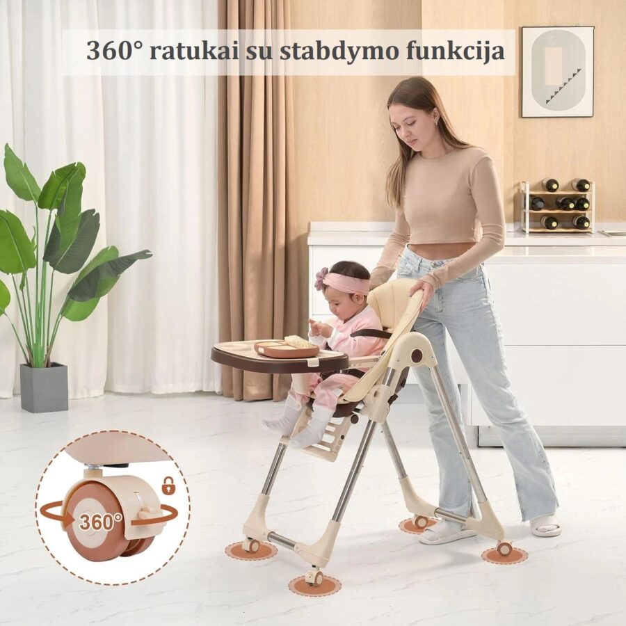 Mama stumia maitinimo kėdutę su vaiku – parodyta, kaip veikia pasukami ratukai su fiksavimo funkcija patogiam perkėlimui.