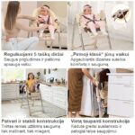 Maitinimo kėdutė su 5 taškų saugos diržais, stabiliu rėmu, patogiu dizainu ir sulankstoma konstrukcija – saugi, patogi ir vietą taupanti kėdutė vaikams.