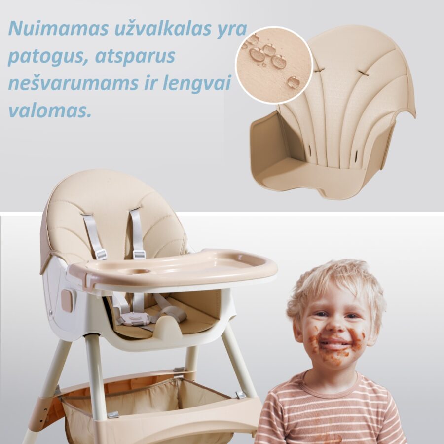 Murzinas vaikas prie Maitinimo kėdutė daugiafunkcė 3-in-1 – parodyta, kaip lengva valyti užvalkalą