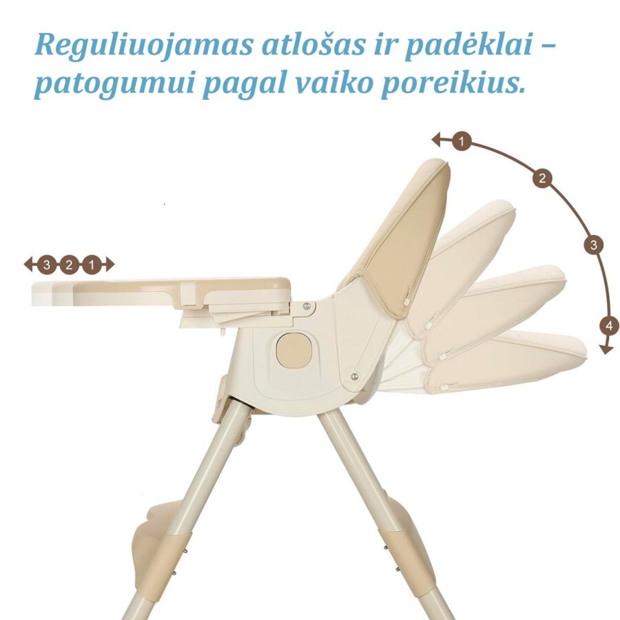 Maitinimo kėdutė daugiafunkcė 3-in-1 – parodytas reguliuojamas staliukas ir atlošas