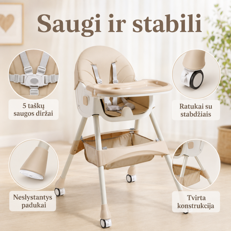 Lengvai valoma maitinimo kėdutė su nuimamu PU odos užvalkalu ir lengvai nuplaunamu padėklu