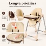 Lengvai valoma premium maitinimo kėdutė – nuimamas PU odos užvalkalas, atspari nešvarumams ir patogi priežiūra.