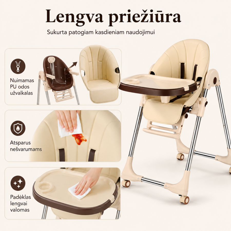 Lengvai valoma premium maitinimo kėdutė – nuimamas PU odos užvalkalas, atspari nešvarumams ir patogi priežiūra.