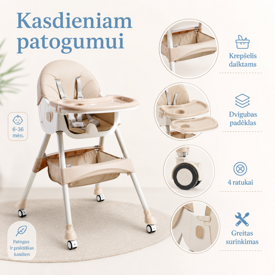 Maitinimo kėdutė 3-in-1 – aukšta kėdutė, žema kėdutė ir sulankstyta laikymui