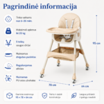 Maitinimo kėdutė 3-in-1 su matmenimis, reguliuojamu atlošu, nuimamu padėklu ir 5 taškų saugos diržais