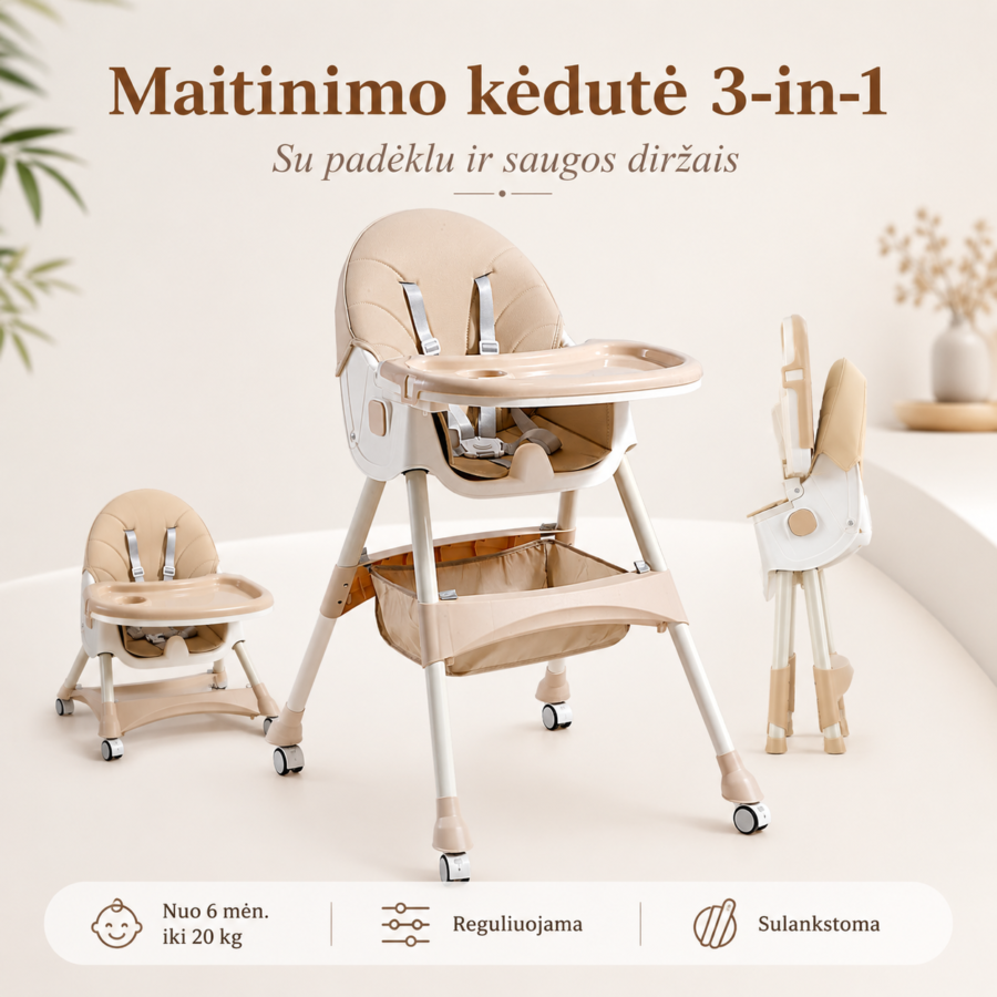 Maitinimo kėdutė 3-in-1 vaikams su padėklu ir saugos diržais – aukšta, žema ir sulankstoma kėdutė