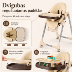 Premium maitinimo kėdutė su dvigubu reguliuojamu padėklu – nuimamas viršutinis padėklas ir reguliuojamas pagrindinis staliukas.