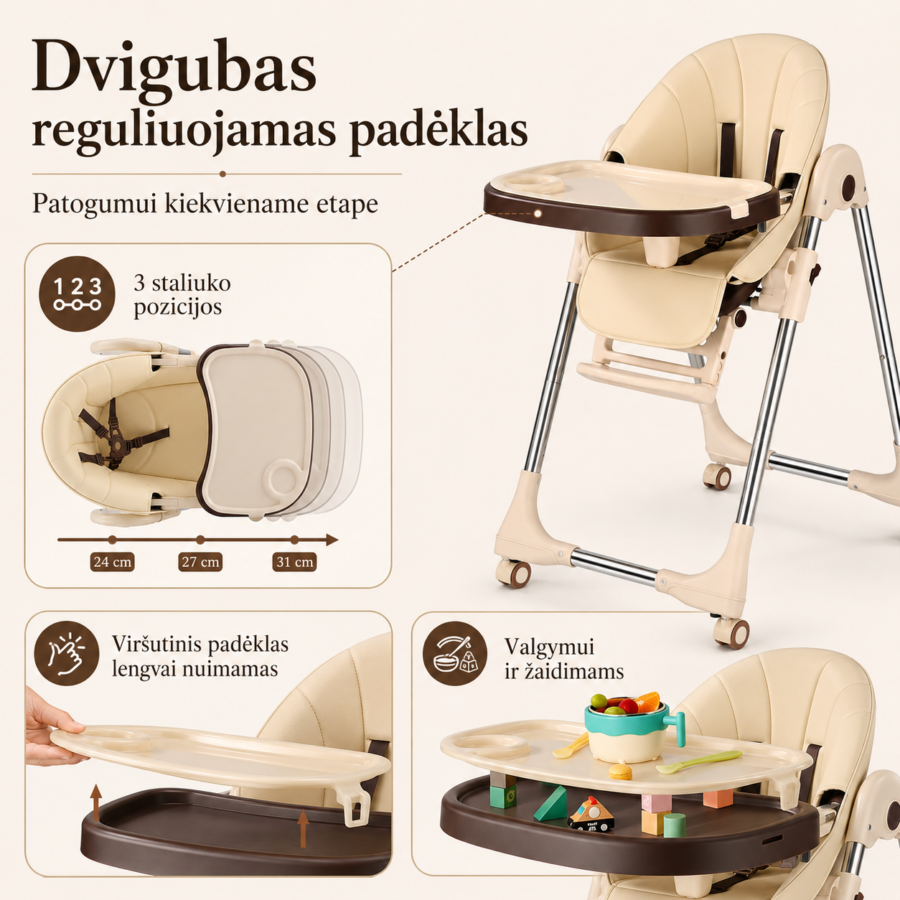 Premium maitinimo kėdutė su dvigubu reguliuojamu padėklu – nuimamas viršutinis padėklas ir reguliuojamas pagrindinis staliukas.