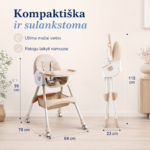 Maitinimo kėdutė su krepšeliu daiktams, dvigubu padėklu, 4 ratukais ir greitu surinkimu