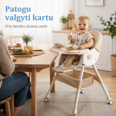 Maitinimo kėdutė vaikui prie bendro šeimos stalo – patogi 3-in-1 kėdutė su padėklu ir saugos diržais