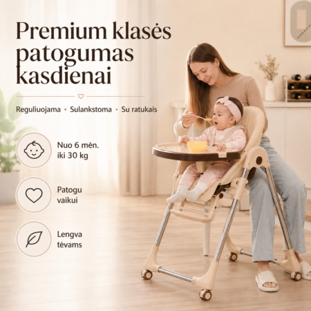 Premium maitinimo kėdutė namuose – mama maitina vaiką, kėdutė su ratukais, reguliuojamu atlošu ir padėklu.