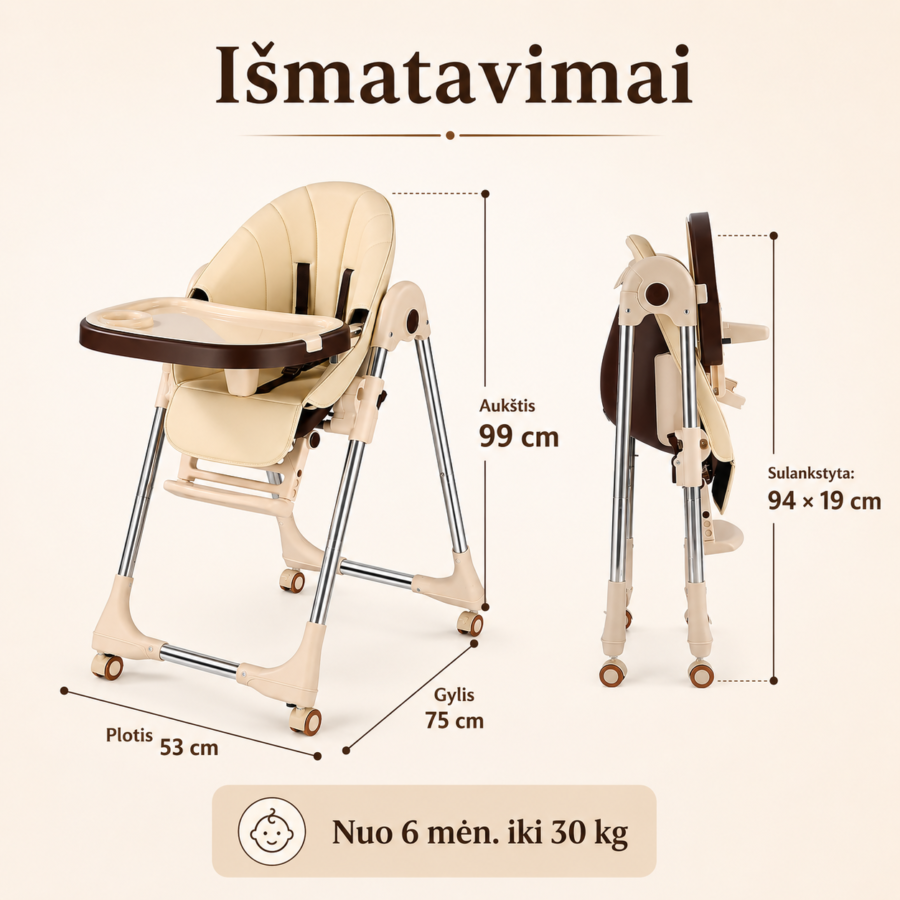 Premium maitinimo kėdutės išmatavimai – reguliuojama, sulankstoma maitinimo kėdutė su ratukais.