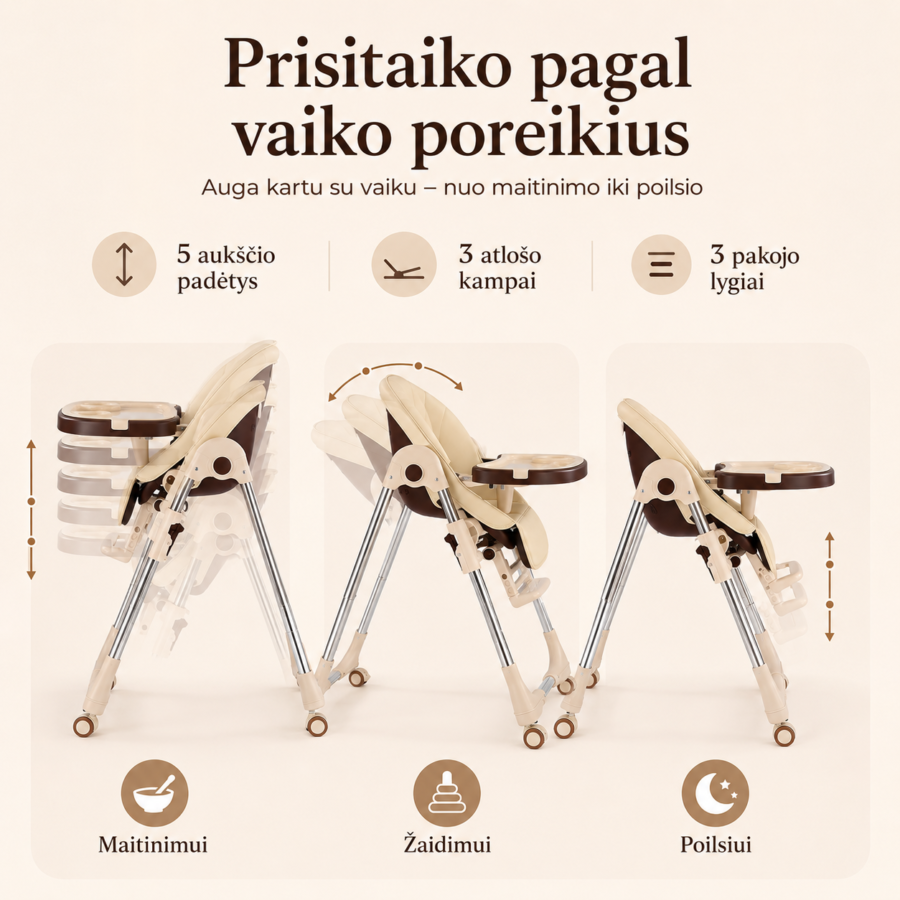 Reguliuojama premium maitinimo kėdutė vaikams – prisitaikantis aukštis ir patogus naudojimas kasdien.