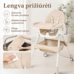 Reguliuojama maitinimo kėdutė vaikams su atlošo padėtimis ir reguliuojamu padėklu
