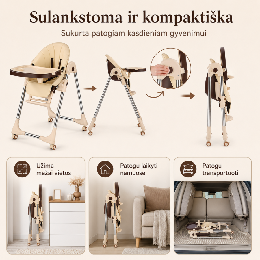 Sulankstoma premium maitinimo kėdutė su ratukais – kompaktiška, patogi sandėliuoti ir taupanti vietą.