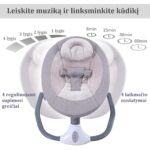 Supamoji kėdė kūdikiams – parodyta judėjimo į šonus schema ir galimi 4 supimosi greičiai.