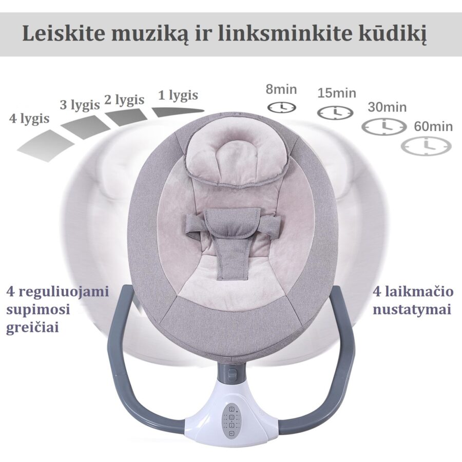 Supamoji kėdė kūdikiams – parodyta judėjimo į šonus schema ir galimi 4 supimosi greičiai.
