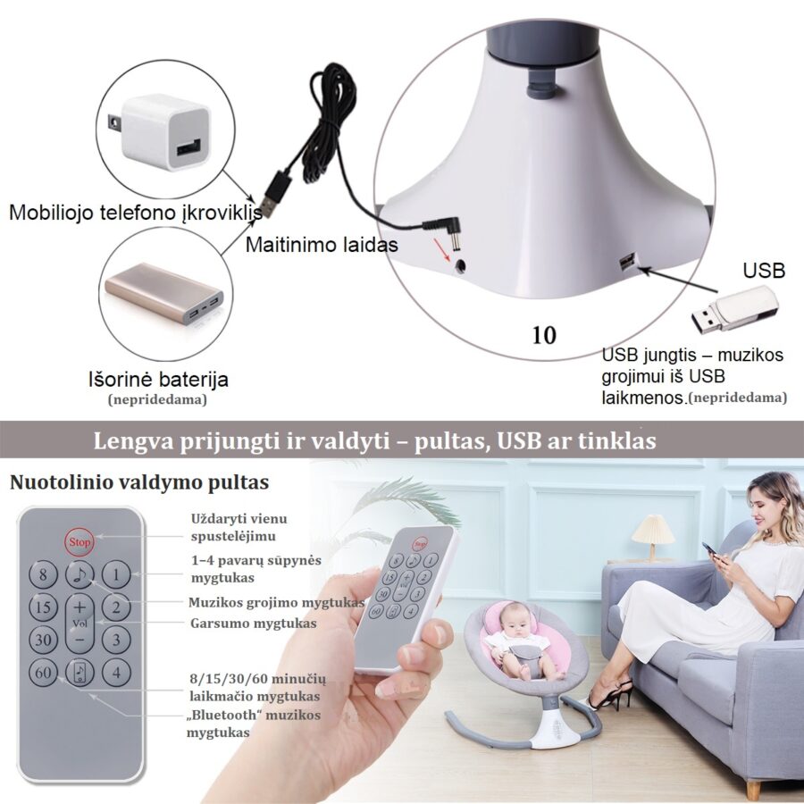 Supamoji kėdė kūdikiams – mama reguliuoja supimosi greitį nuotoliniu pulteliu, prijungta per USB arba tinklą.