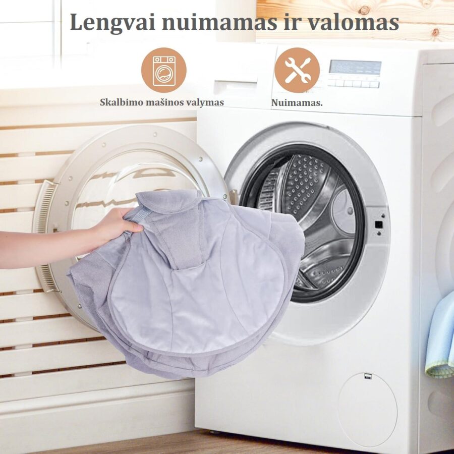 Nuimamas supamosios kėdės kūdikiams užvalkalas dedamas į skalbimo mašiną lengvam valymui.