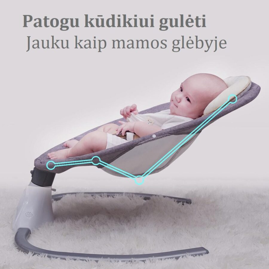 Supamoji kėdė kūdikiams – patogi gulėjimo padėtis, vaiko stuburas natūraliai palaikomas kaip mamos glėbyje.