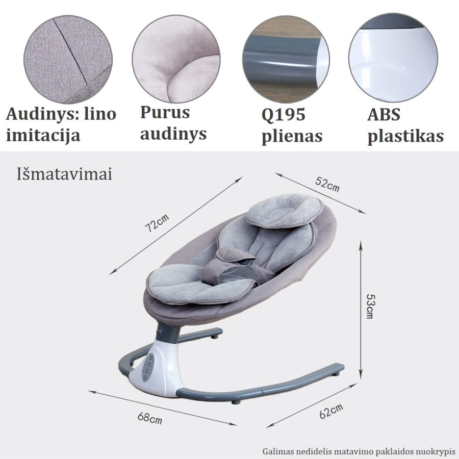Supamoji kėdė kūdikiams – techninis aprašymas, pavaizduotos detalės ir jų funkcijos.