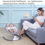 Supamoji kėdė kūdikiams – mama sėdi ant sofos, kūdikis ramiai miega kėdutėje su muzikos ir supimo funkcijomis.