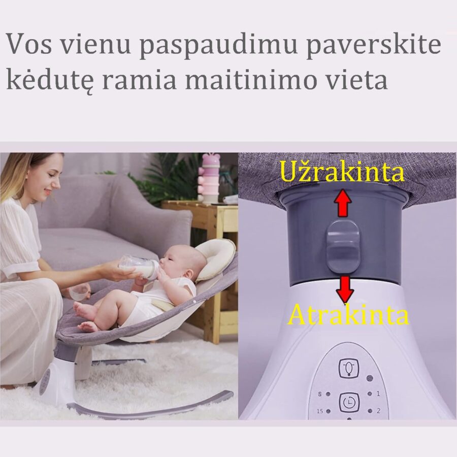 Supamoji kėdė kūdikiams – mama maitina kūdikį buteliuku sustabdžiusi supimą vienu mygtuku.