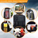 automobilio sėdynės organizatorius su pavaizduotais daiktais kišenėse: žaislai, užkandžiai, buteliukai