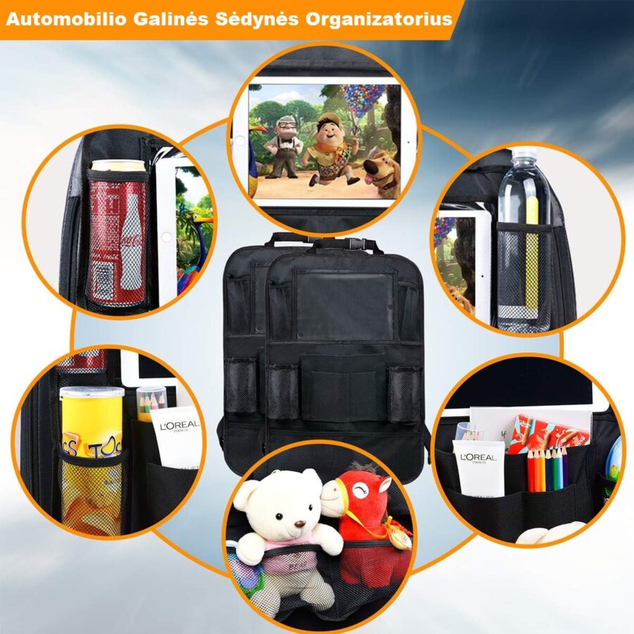 automobilio sėdynės organizatorius su pavaizduotais daiktais kišenėse: žaislai, užkandžiai, buteliukai