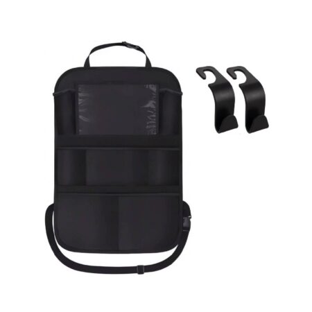 automobilio sėdynės organizatorius juodos spalvos ant balto fono su 2 kabliukais