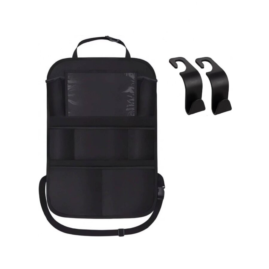 automobilio sėdynės organizatorius juodos spalvos ant balto fono su 2 kabliukais