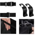 automobilio sėdynės organizatoriaus detalės: tvirtinimo diržai, skirtingų dydžių kišenės, medžiaga ir kabliukai