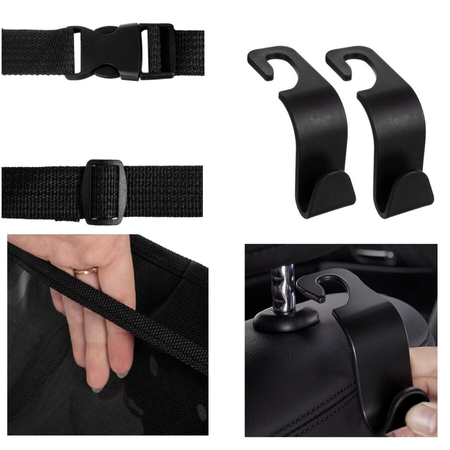 automobilio sėdynės organizatoriaus detalės: tvirtinimo diržai, skirtingų dydžių kišenės, medžiaga ir kabliukai