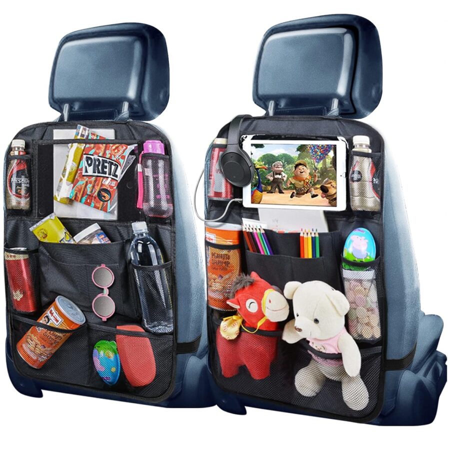 du automobilio galinės sėdynės organizatoriai ant nugarėlių, pilni daiktų