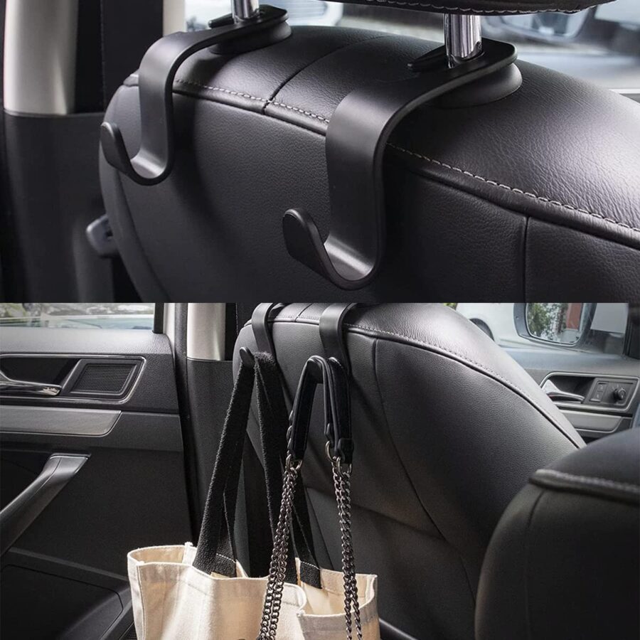 automobilio sėdynės organizatorius su papildomais kabliukais, ant kurių kabinamos tašes ir kiti daiktai