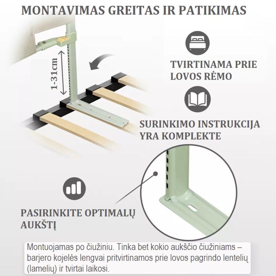 Vaikiškas barjeras lovai – montavimas prie rėmo